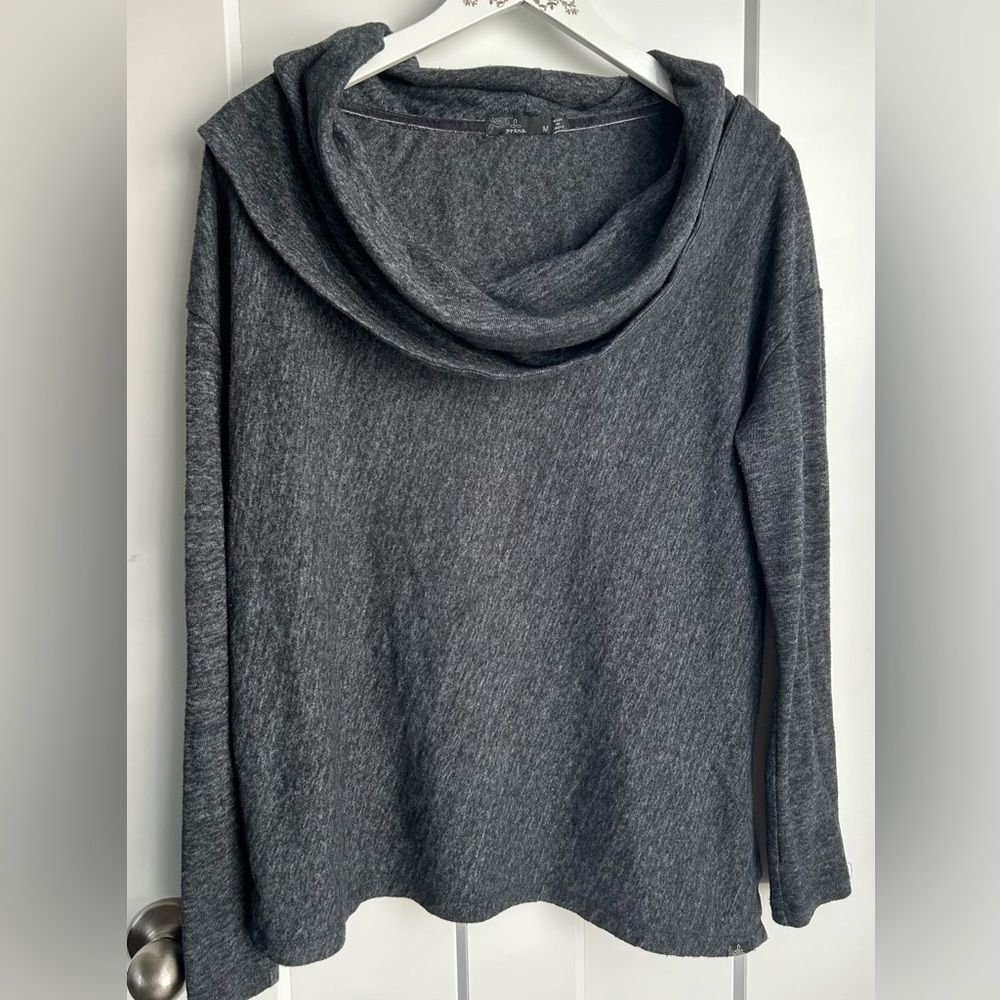 Prana M Cowl Neck Grey Marled Asymmetrical Sweater Hiking Camping Outdoors